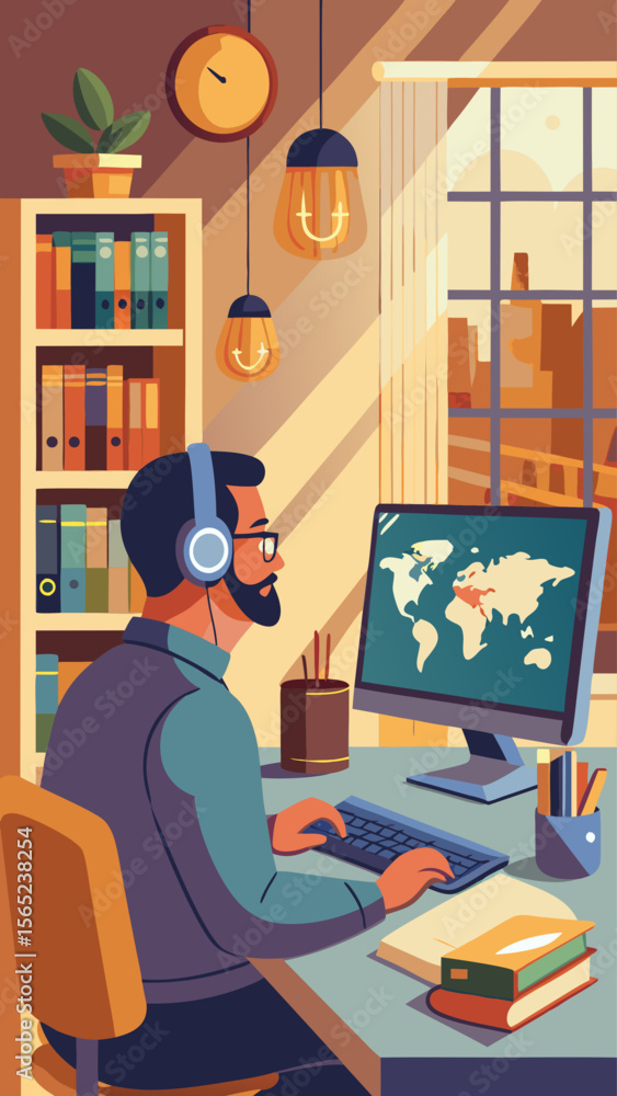 Poster a man is sitting at a desk with a computer monitor and keyboard in front of him. he is wearing headp