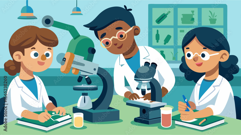 Poster a group of scientists are working together in a lab. they are all wearing lab coats and are using mi