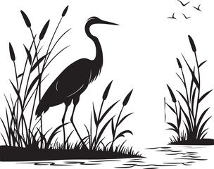 Heron or Crane Silhouette in Wetlands – serene and elegant