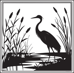 Heron or Crane Silhouette in Wetlands – serene and elegant
