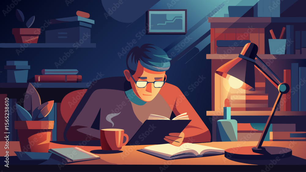 Poster a man is sitting at a desk with a book in front of him. he is wearing glasses and writing in a noteb