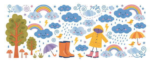Naklejka premium Whimsical weather illustration featuring rainbow clouds, raindrops, trees, umbrella, raincoat, and birds against a transparent background with cheerful style.