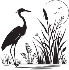 Heron or Crane Silhouette in Wetlands – serene and elegant