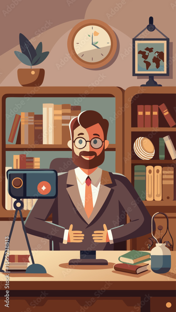 Poster a man is sitting at a desk with a laptop and a camera. he is wearing a suit and tie. the room is fil