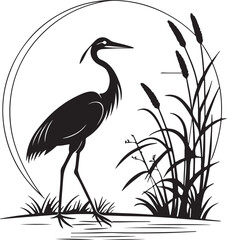 Heron or Crane Silhouette in Wetlands – serene and elegant