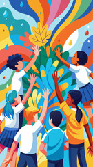A group of people are painting a mural together. The painting is colorful and lively, with a sense of community and collaboration. The people are of different ages and races