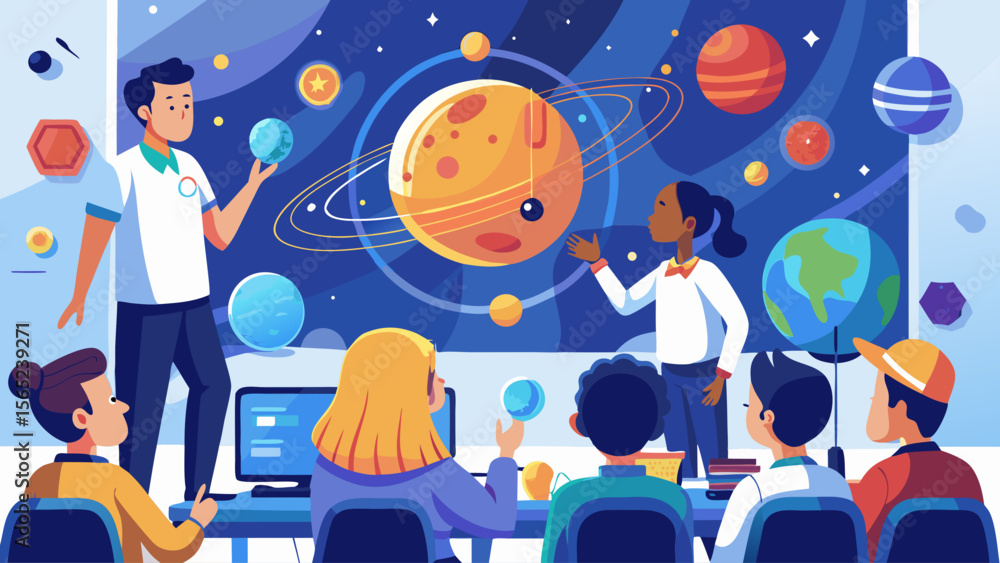 Poster a group of people are gathered around a large screen with a planet on it. a man is standing in front