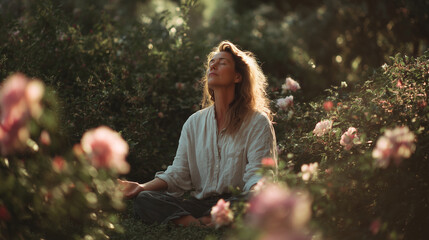A woman sitting peacefully in a quiet garden with eyes closed, enjoying calm nature, relaxation, mindfulness, serenity, and tranquil outdoor atmosphere.