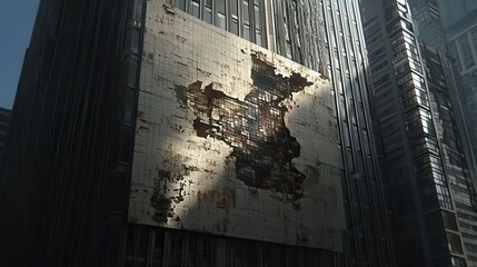 Damaged billboard on a city building.