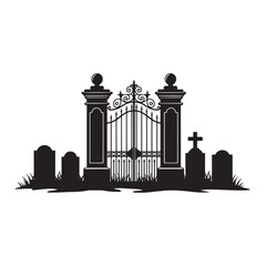 Silhouette illustration of a graveyard scene with gates tombstones and decorative elements