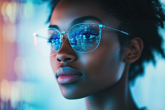 A woman wearing glasses with digital code reflected, symbolizing technology and innovation.