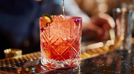 A professional bartender skillfully pouring a vibrant, colorful cocktail from a shaker into a crystal-clear glass, showcasing elegance and mixology precision.