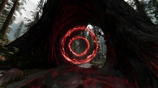 Red glowing circular portal in a dark forest, carved through a giant tree trunk