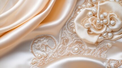 Luxurious beige silk fabric with intricate lace and pearl embellishments.