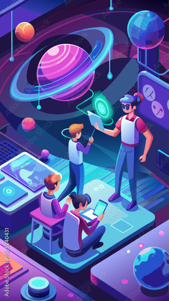 Poster a group of people are working on a project together, with one person pointing to a planet on a scree