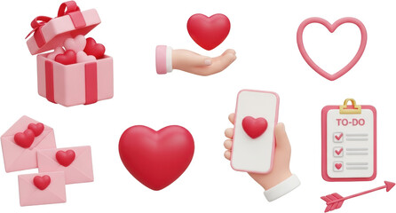 Collection of pink and red hearts gift box envelopes phone clipboard and arrow isolate