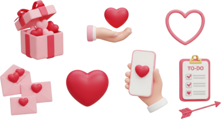 Collection of pink and red hearts gift box envelopes phone clipboard and arrow isolate