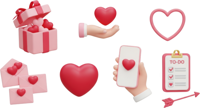 Collection of pink and red hearts gift box envelopes phone clipboard and arrow isolate