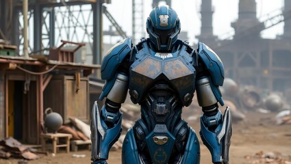 The blue robot is in the industrial area