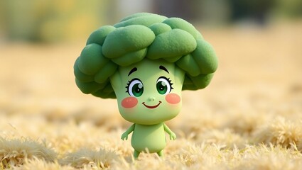 Illustration of cute broccoli with smiling face and sparkling eyes, standing in the middle of a meadow.