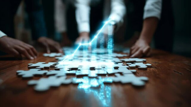 Collaborative effort takes place as individuals focus on fitting puzzle pieces together on a wooden table. An illuminated graph hovers above, symbolizing success and growth in teamwork.