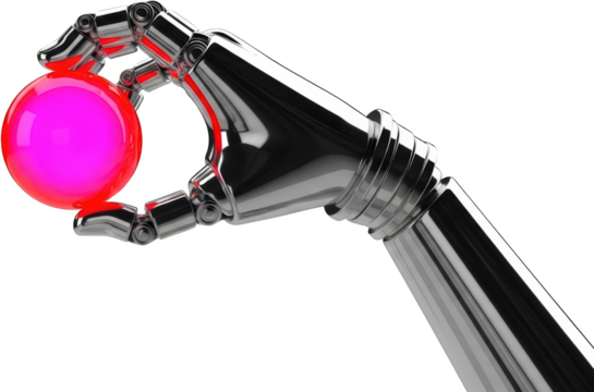Robotic hand gripping a glowing pink sphere metallic construction technology concept transparent background