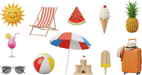 Sunny beach elements including a smiling sun striped chair watermelon slice ice cream pineapple and suitcase transparent background