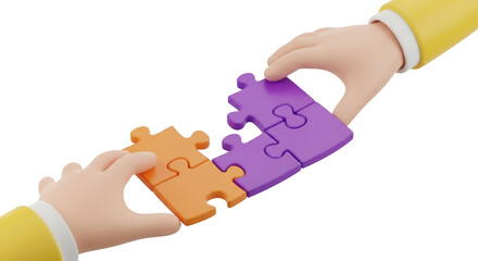 Two hands connecting puzzle pieces symbolizing collaboration and problem solving isolate
