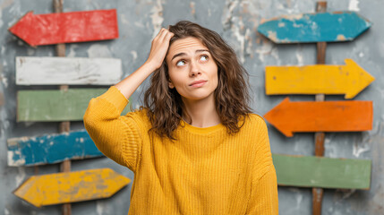 Obraz premium A young woman standing in front of multiple signposts, looking confused and uncertain, searching for direction, outdoors, decision making, dilemma, travel and guidance concept.