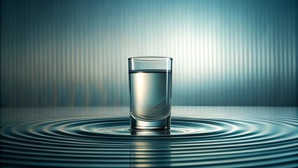 A small glass of liquid sits serenely on the surface of still water, creating concentric ripples, a minimalist study in tranquility and reflection.