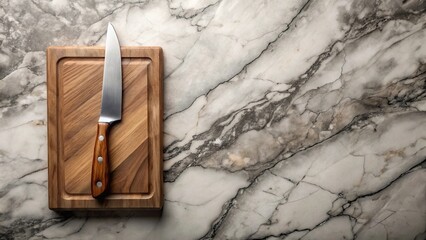 A sharp kitchen knife rests on a wooden cutting board, positioned on a marbled surface, creating a clean and minimalist culinary scene.