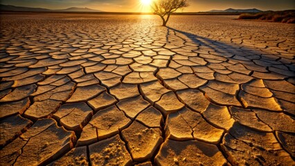 A lone tree casts its shadow on a sun-drenched, cracked earth landscape at sunset.