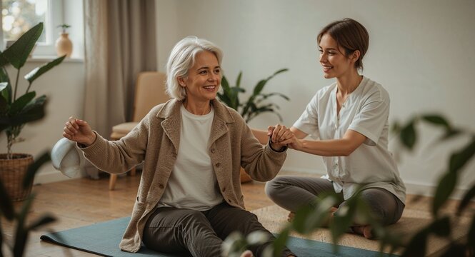 Elderly woman doing arm exercises with the help of a caregiver on a yoga mat indoors smiling