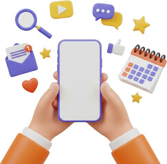 Hands holding a smartphone displaying various digital icons including a calendar and notification envelope isolated transparent background