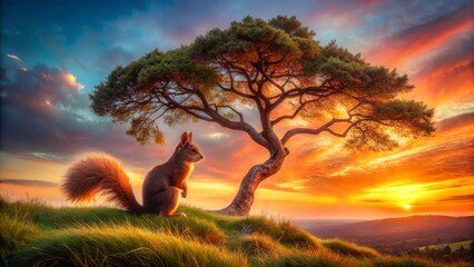 Serene Sunset Vista A Small Rodent Gazing at the Fiery Horizon Beneath a Majestic Tree's Canopy