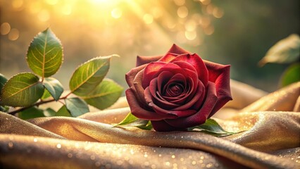 A single dark crimson rose rests gently on shimmering gold fabric, bathed in the warm glow of sunlight