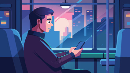 A man is sitting in a train with a tablet in his hand. He is looking at the screen and he is focused on his device. Concept of modern technology
