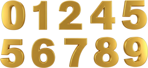 Golden Numbers Zero to Nine 3D Rendered Isolate one two three transparent background