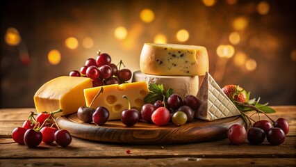 A delectable arrangement of assorted cheeses, complemented by vibrant red grapes and sweet cherries, artfully displayed on a rustic wooden board.