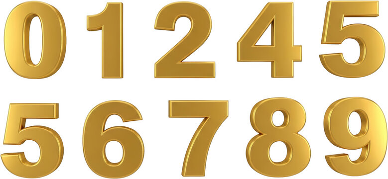 Golden Numbers Zero to Nine 3D Rendered Isolate one two three transparent background
