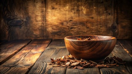 Rustic wooden bowl filled with dried botanicals rests on aged wood planks
