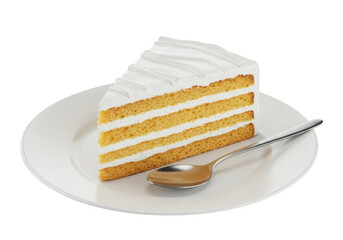Delicious layered sponge cake slice with white cream frosting isolated on transparent background