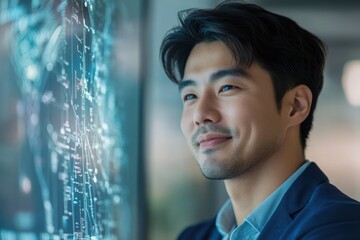 A contemplative Asian businessman gazes at a futuristic, data-rich screen, contemplating strategic insights.