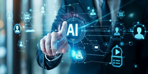 Businessman using AI interface on a digital interface, interacting with a holographic display for smart automation, chatbot communication, and virtual assistant functions. - Powered by Adobe