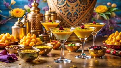 Golden Dessert Delight Exotic Spiced Mango Mousse in Elegant Glassware with Assorted Sweets and Spices