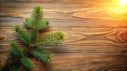 Rustic Wooden Background with Evergreen Branch, Warm Lighting, Natural Texture, Perfect for Holiday or Winter Designs