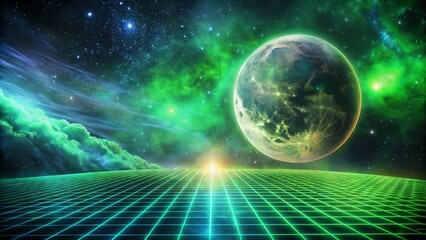 Ethereal Glow A Futuristic Landscape Under a Vibrant Alien Moon and Starry Sky