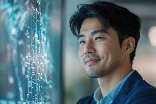 A contemplative Asian businessman gazes at a futuristic, data-rich screen, contemplating strategic insights.