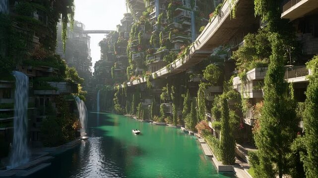 Discover a breathtaking environment where cascading waterfalls and vibrant plants harmonize with modern architecture, creating a serene landscape. Tranquil waters beckon for exploration.