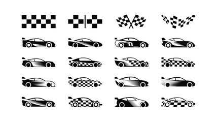 Collection of Racing Car and Checkered Flag Icons in Black and White